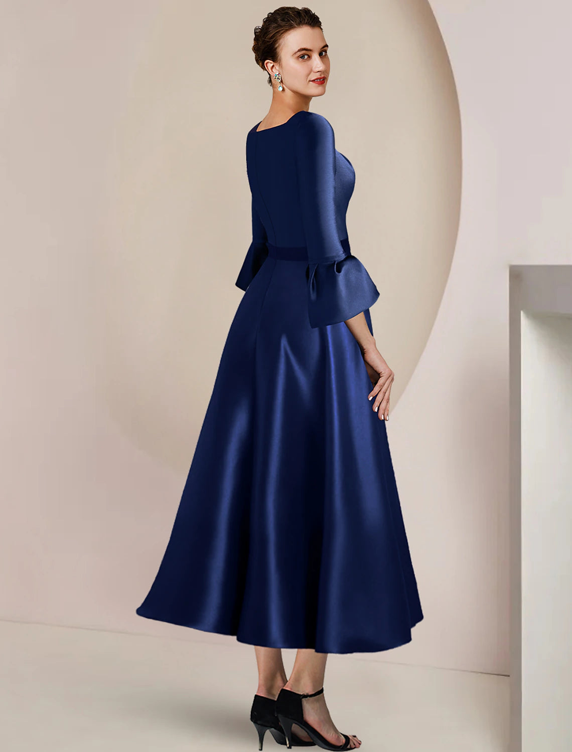 Wholesale  A-Line Mother of the Bride Dress Formal Wedding Guest Party Elegant Bateau Neck Tea Length Satin 3/4 Length Sleeve with Bow(s) Split Front